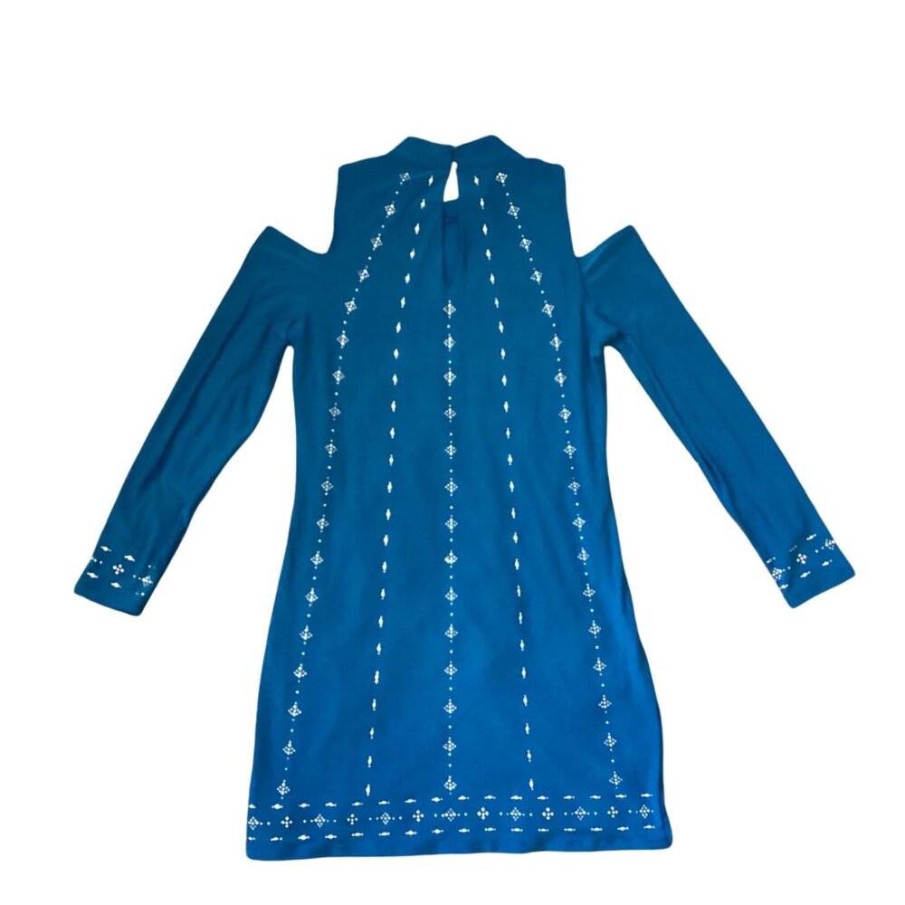 White House Black Market Teal Long-Sleeve Cold Shoulder Dress Rhinestones Size M - Picture 3 of 12